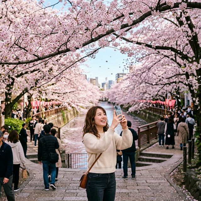 Traveler photographing cherry blossoms in Japan using an eSIM Japan unlimited data plan