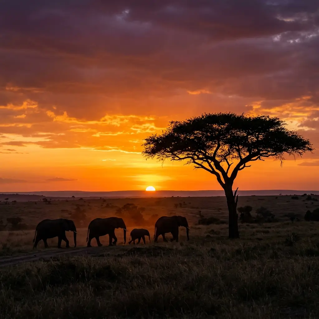 A stunning safari sunset in the Serengeti with elephant silhouettes, showcasing worldwide coverage for travel eSIMs.