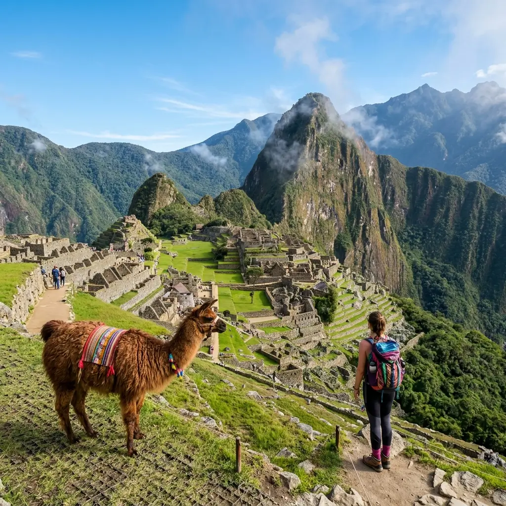 An adventure traveler overlooking the historic Machu Picchu ruins in Peru while staying connected with a travel eSIM.