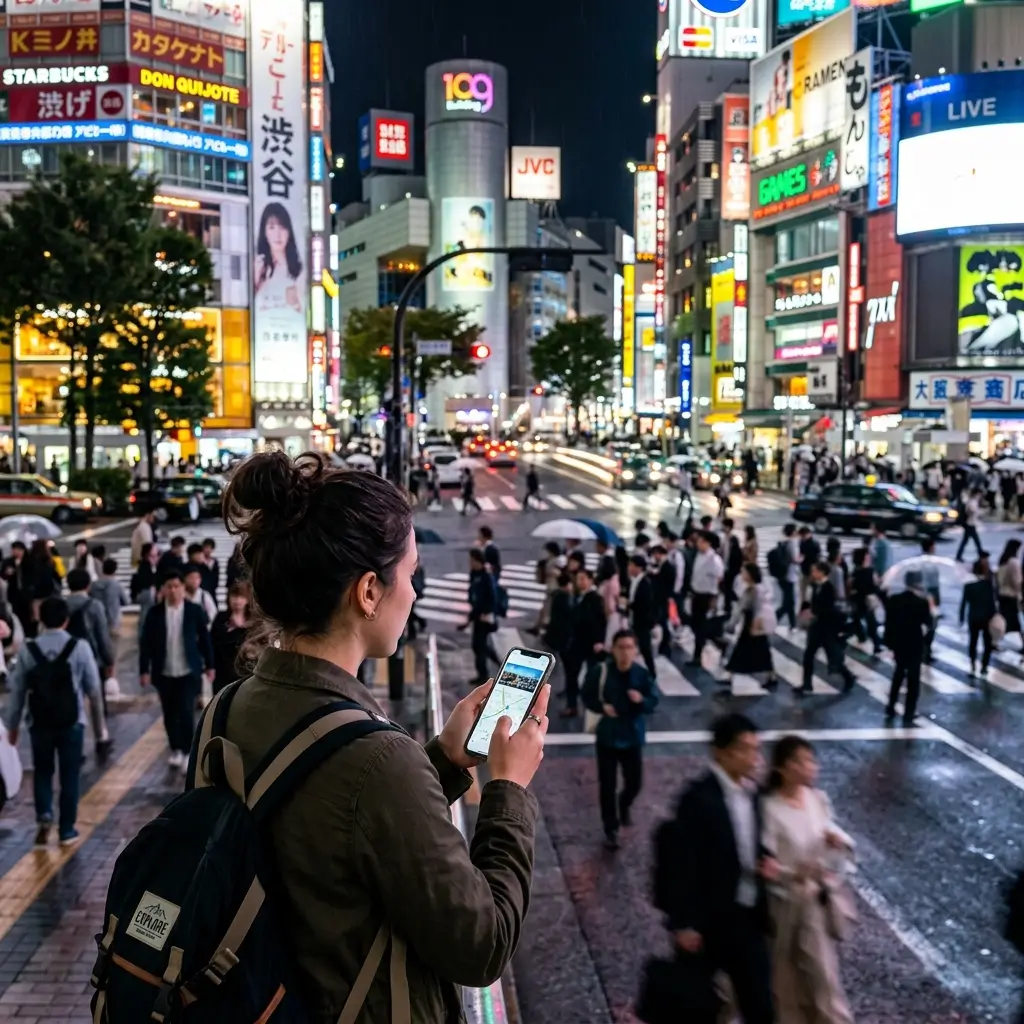 A traveler using a travel eSIM to navigate a bustling, neon-lit street in Tokyo, Japan at night.