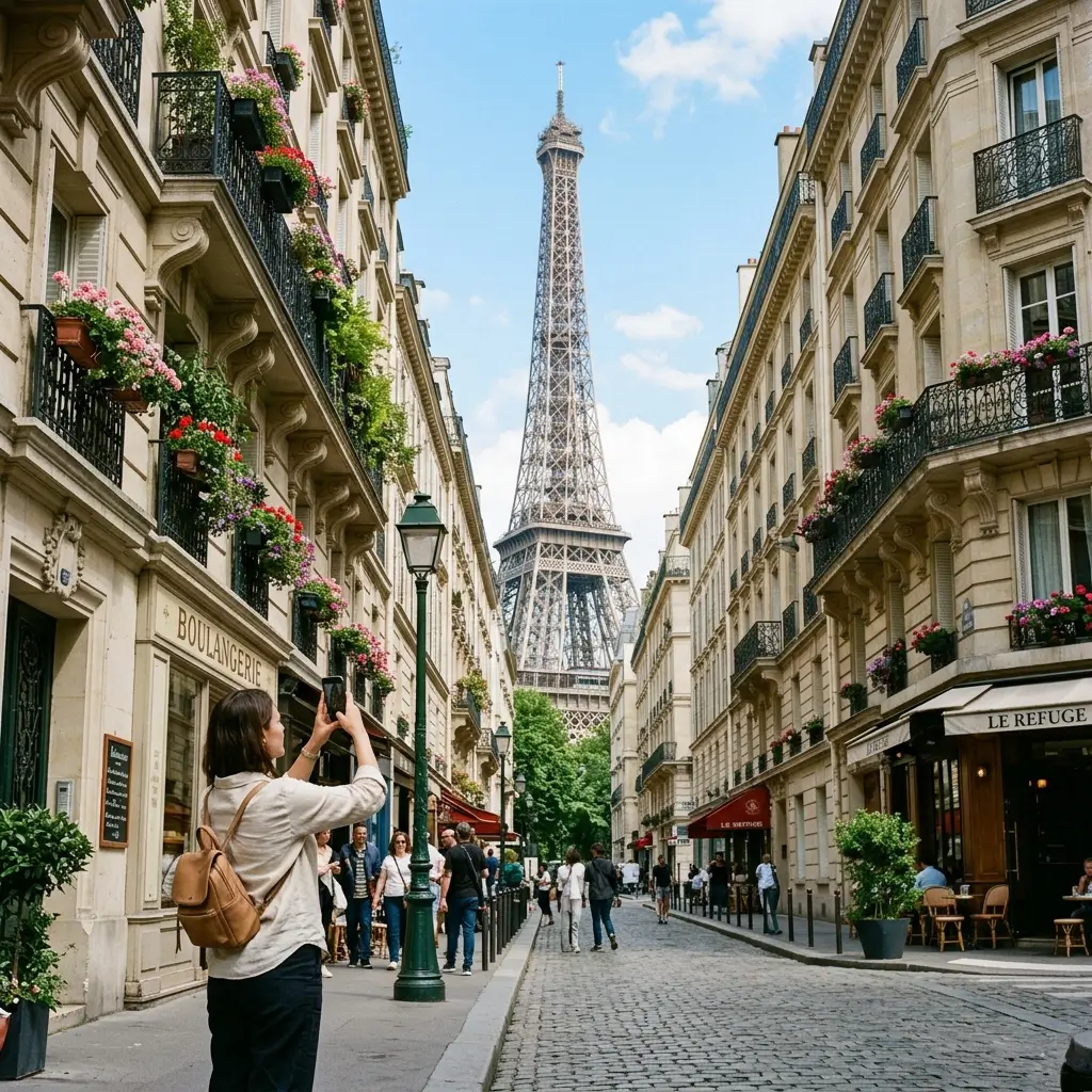 A scenic view of the Eiffel Tower in Paris, France, from a charming street balcony, featuring a traveler using a travel eSIM.