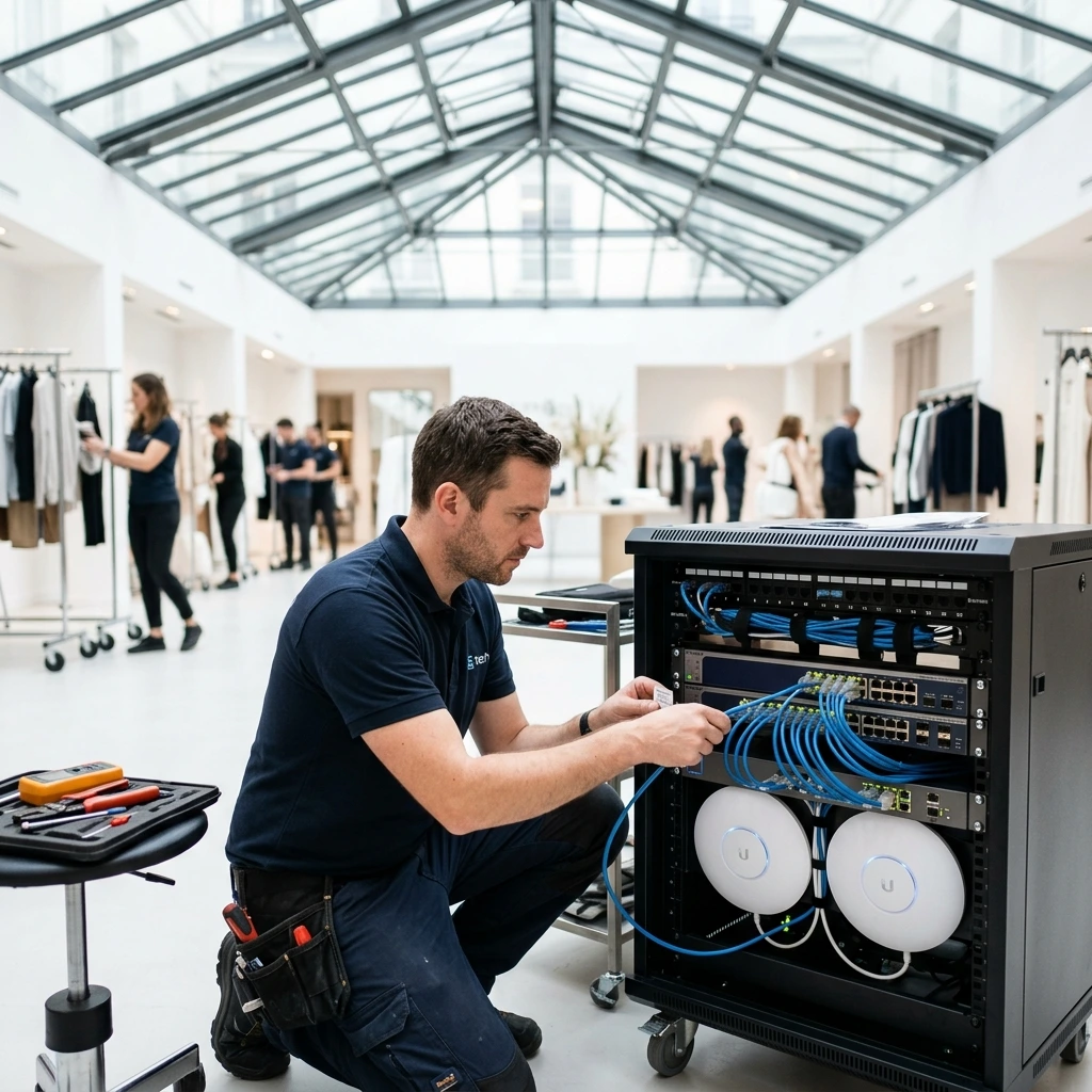 Technicien informatique déployant des points d'accès WiFi pour un événement et configurant un commutateur réseau dans une baie de serveurs mobile pour un showroom de mode.