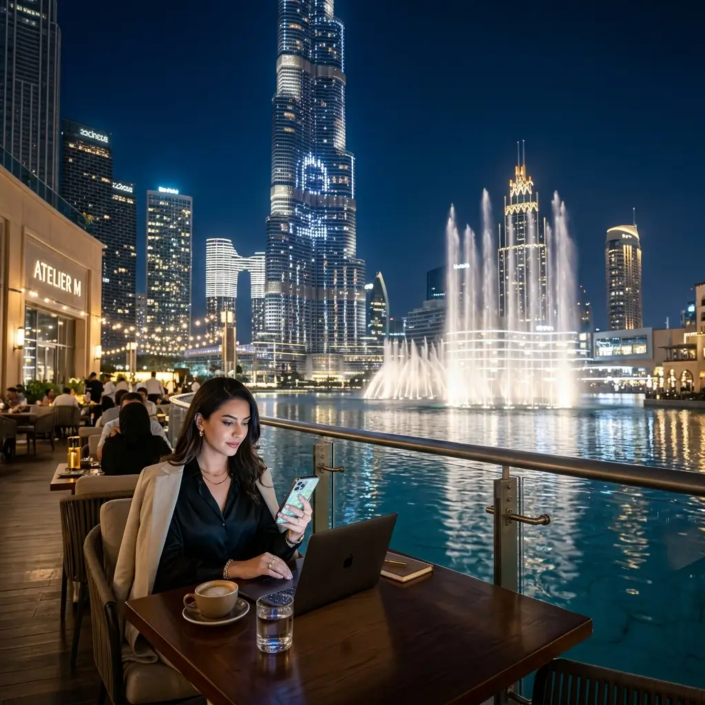 A traveler enjoying the Dubai skyline and Burj Khalifa at night while staying connected with a high-speed travel eSIM.