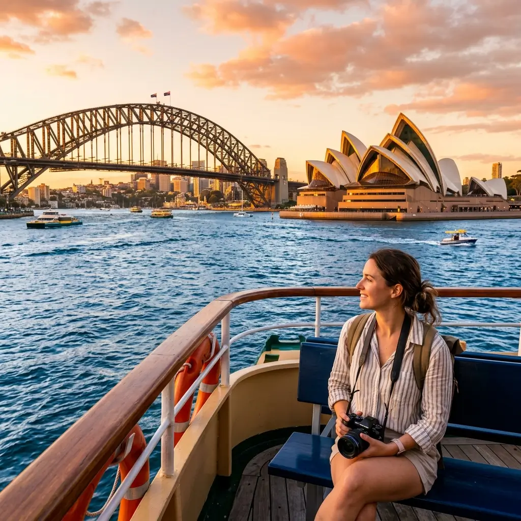 A traveler on a ferry in the Sydney Harbour, Australia, with a clear connection via a travel eSIM.