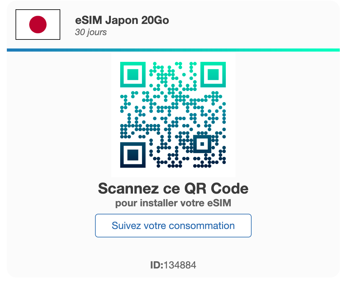 Email de confirmation de commande simpleSIM contenant le QR code d'activation de l'eSIM pour un voyage au Japon