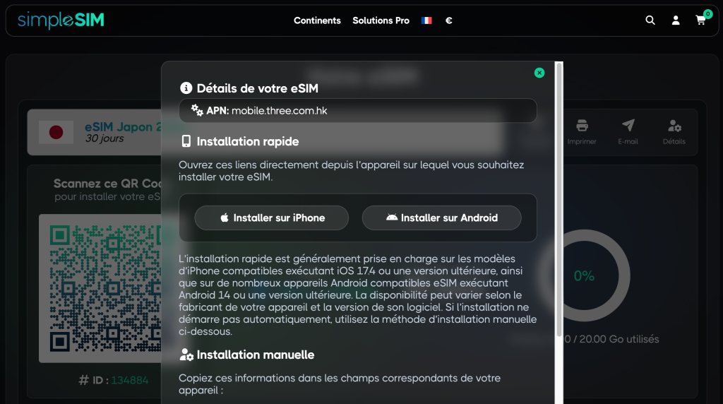 simpleSIM eSIM details interface with quick installation options for iPhone and Android