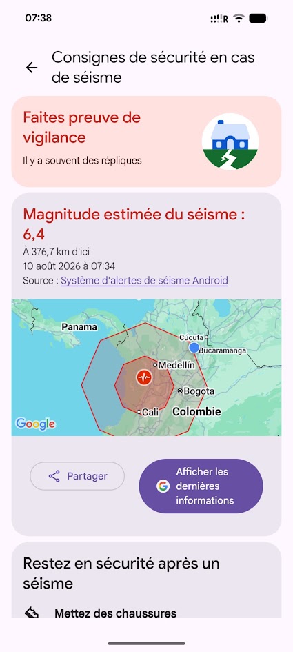 Screenshot einer Android-Erdbebenwarnung, die am 10. August 2026 in Kolumbien empfangen wurde.